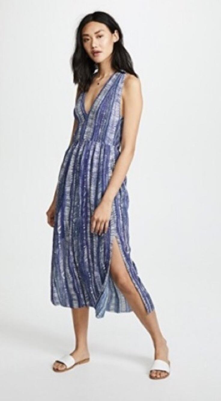 Raquel Allegra Spring 2018 Designer Blue Cotton Linen Midi Tank Dress 0